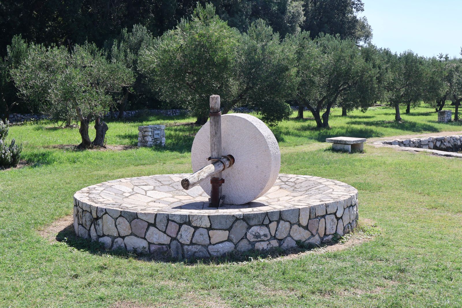 Traditioneller Mühlstein einer Olivenmühle in einem Olivenhain